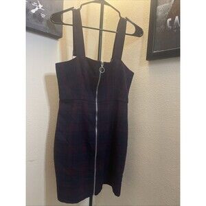 Forever 21 Navy Blue Red Plaid Front Zip Mini Overall Dress Sz Small Sleeveless